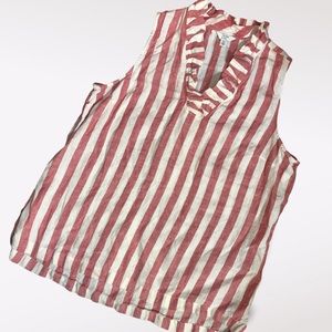 CROWN & IVY Linen top striped top with ruffles  XL RED AND WHITE V-neck
